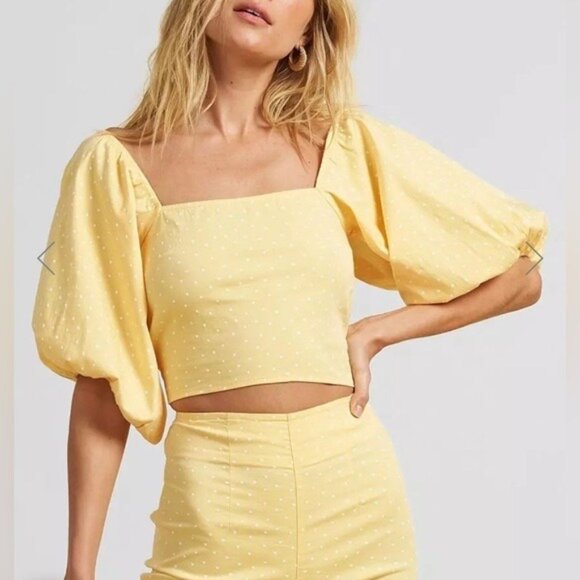 BILLABONG THE SALTY BLONDE Sun Glow Crop Top Sz L Yellow Polka Dot Puff Sleeve - Picture 1 of 14